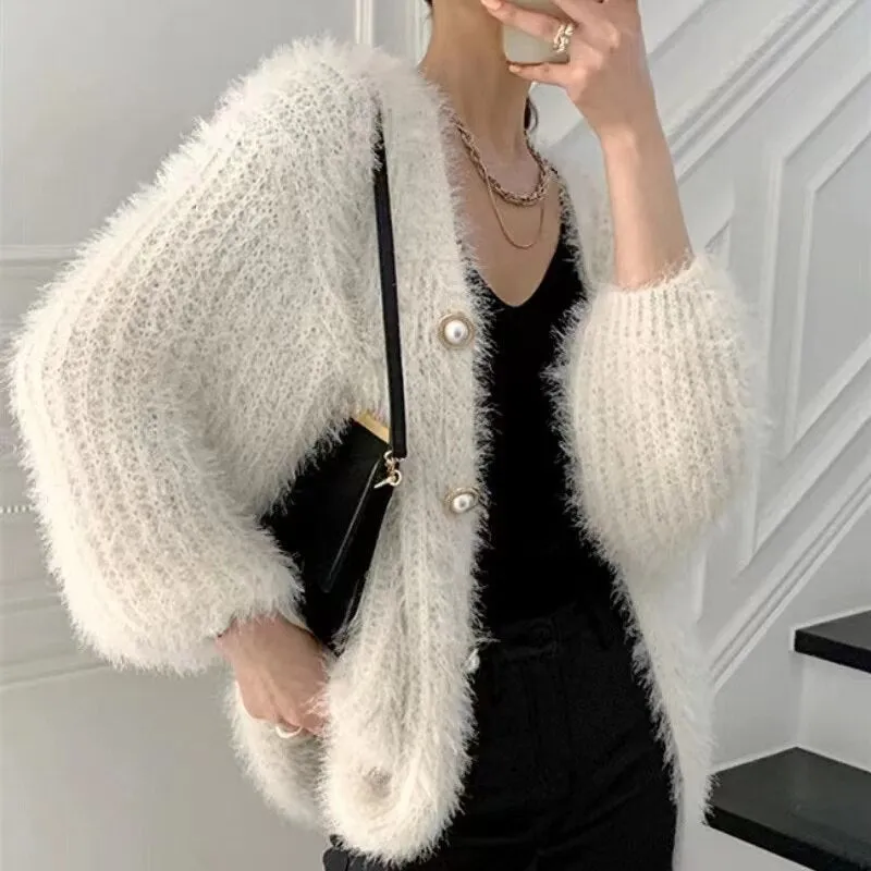 Elegant Autumn Winter V Neck Knitted Mohair Cardigan Swater Coat Fashion Chic Women Pearl Single Breasted Soft Thick Loose Coat