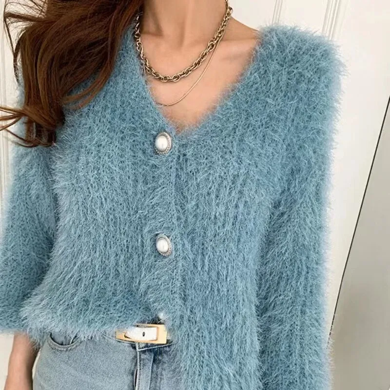 Elegant Autumn Winter V Neck Knitted Mohair Cardigan Swater Coat Fashion Chic Women Pearl Single Breasted Soft Thick Loose Coat