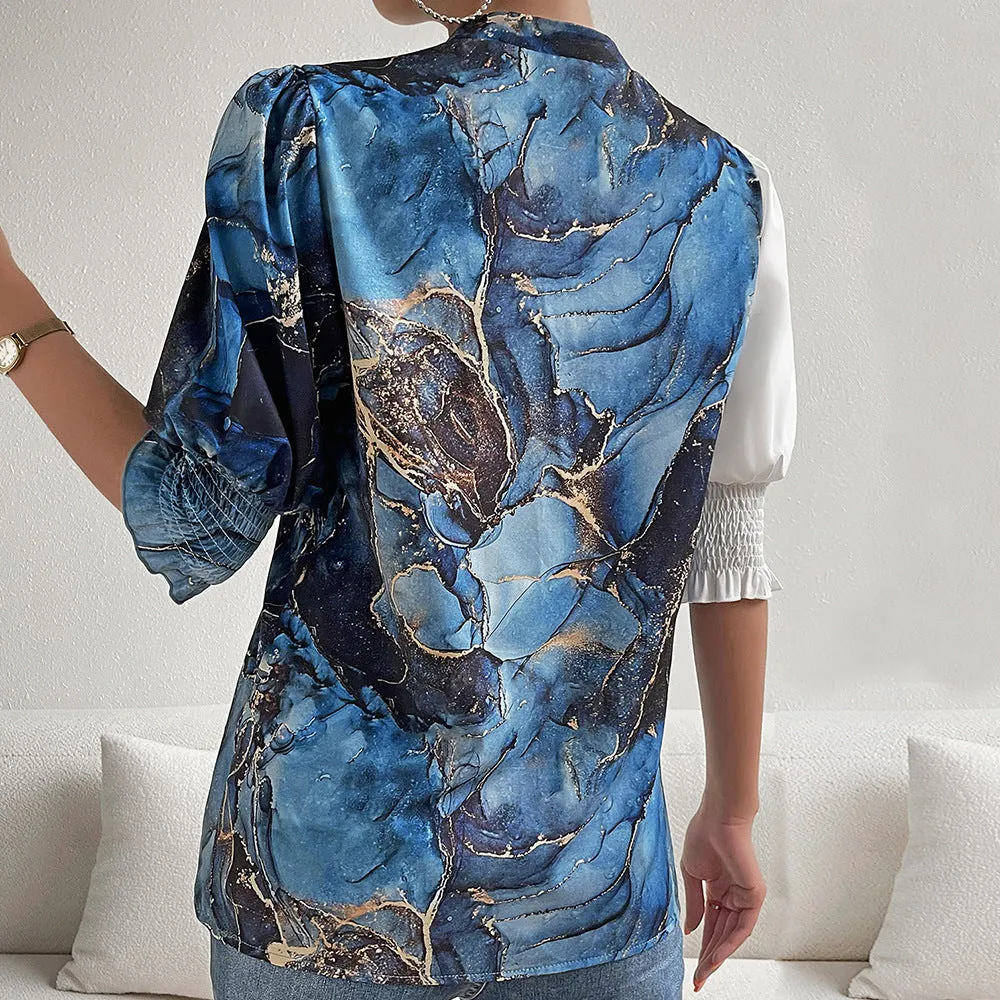Elegant Bubble Sleeve Color Blocking Print V-Neck Top Wholesale Womens Tops