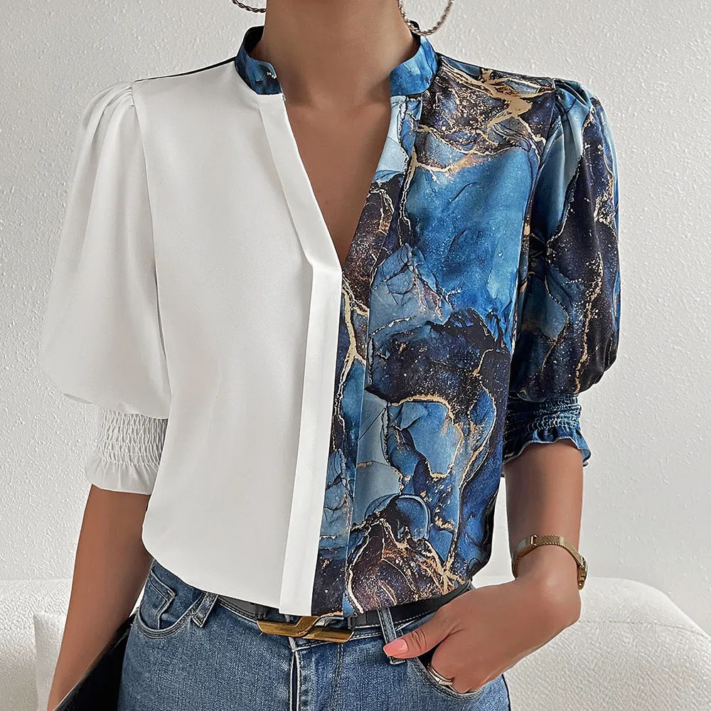 Elegant Bubble Sleeve Color Blocking Print V-Neck Top Wholesale Womens Tops