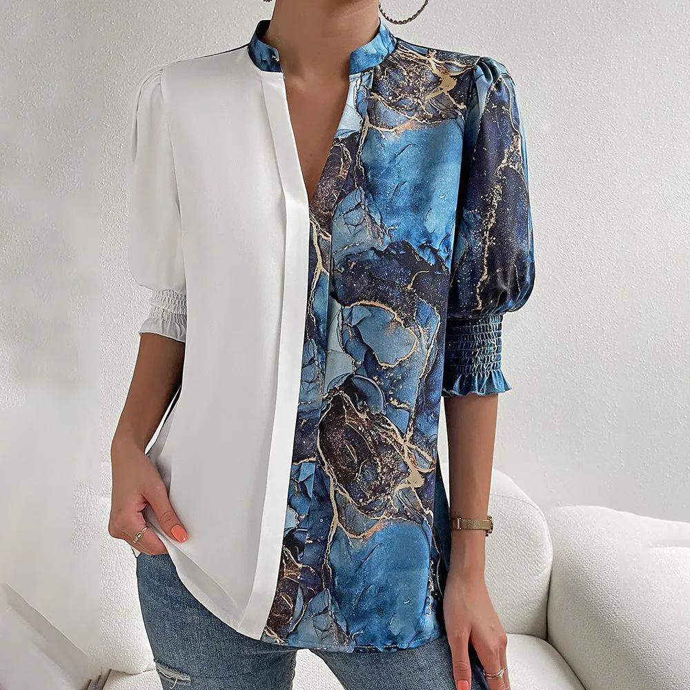 Elegant Bubble Sleeve Color Blocking Print V-Neck Top Wholesale Womens Tops
