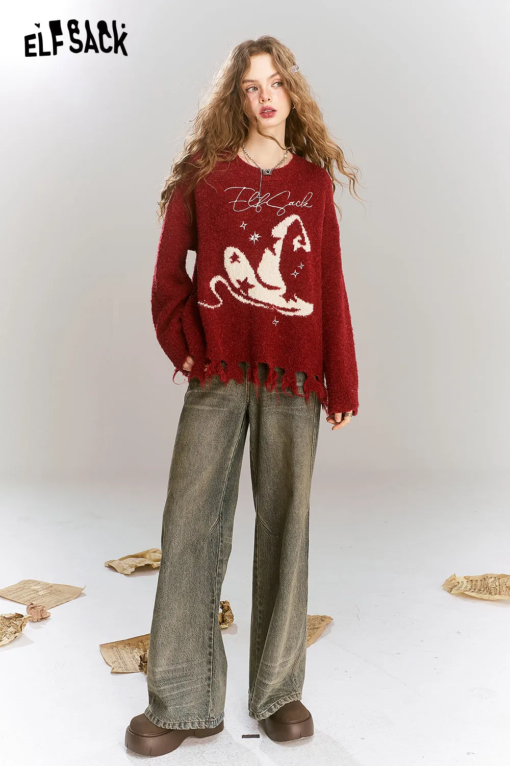 ELFSACK 2024 Winter New Arrivals Women's Pullover Sweater Fluffy Loose Cute Soft Top