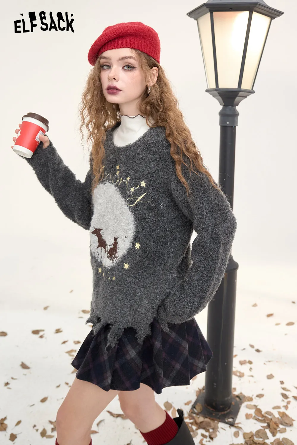 ELFSACK 2024 Winter New Arrivals Women's Pullover Sweater Fluffy Loose Cute Soft Top