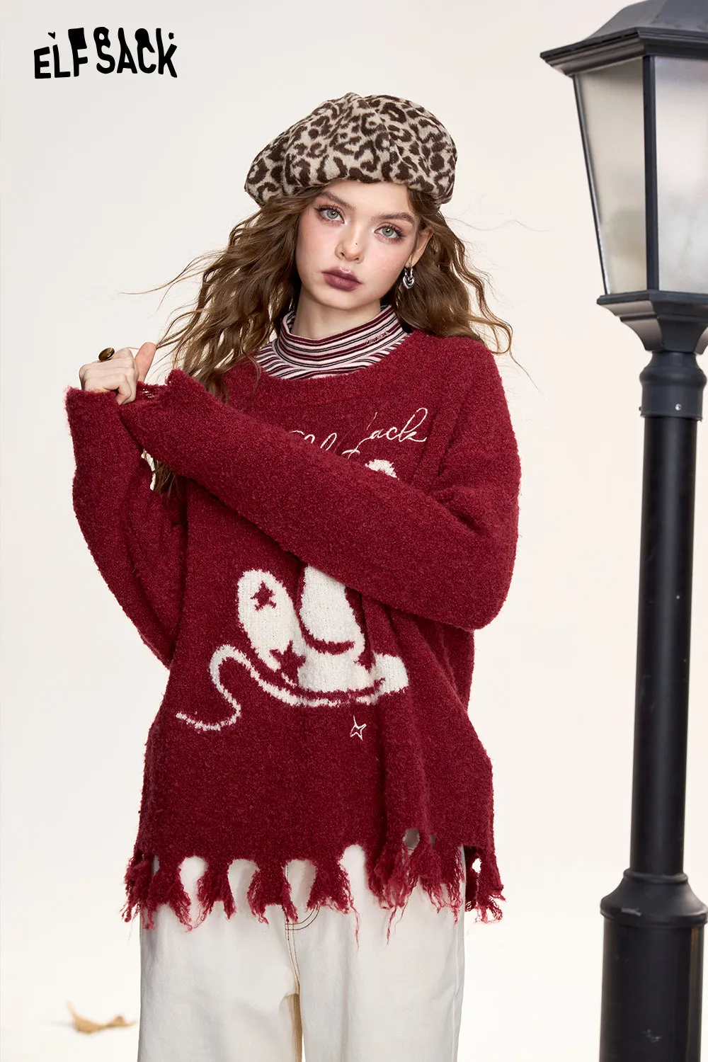 ELFSACK 2024 Winter New Arrivals Women's Pullover Sweater Fluffy Loose Cute Soft Top
