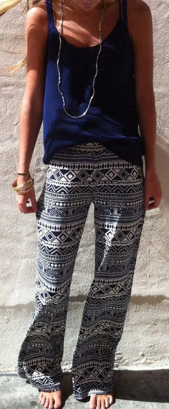 Fashion Wide Legs Straight Flower Print Pants