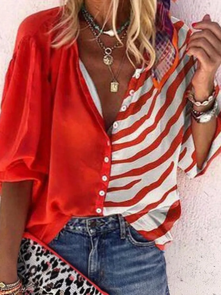 Fashionable Casual Loose Color Matching Lapel Top
