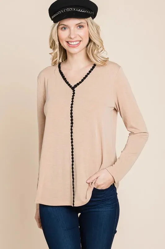 Full Size Lace Contrast Long Sleeve Blouse