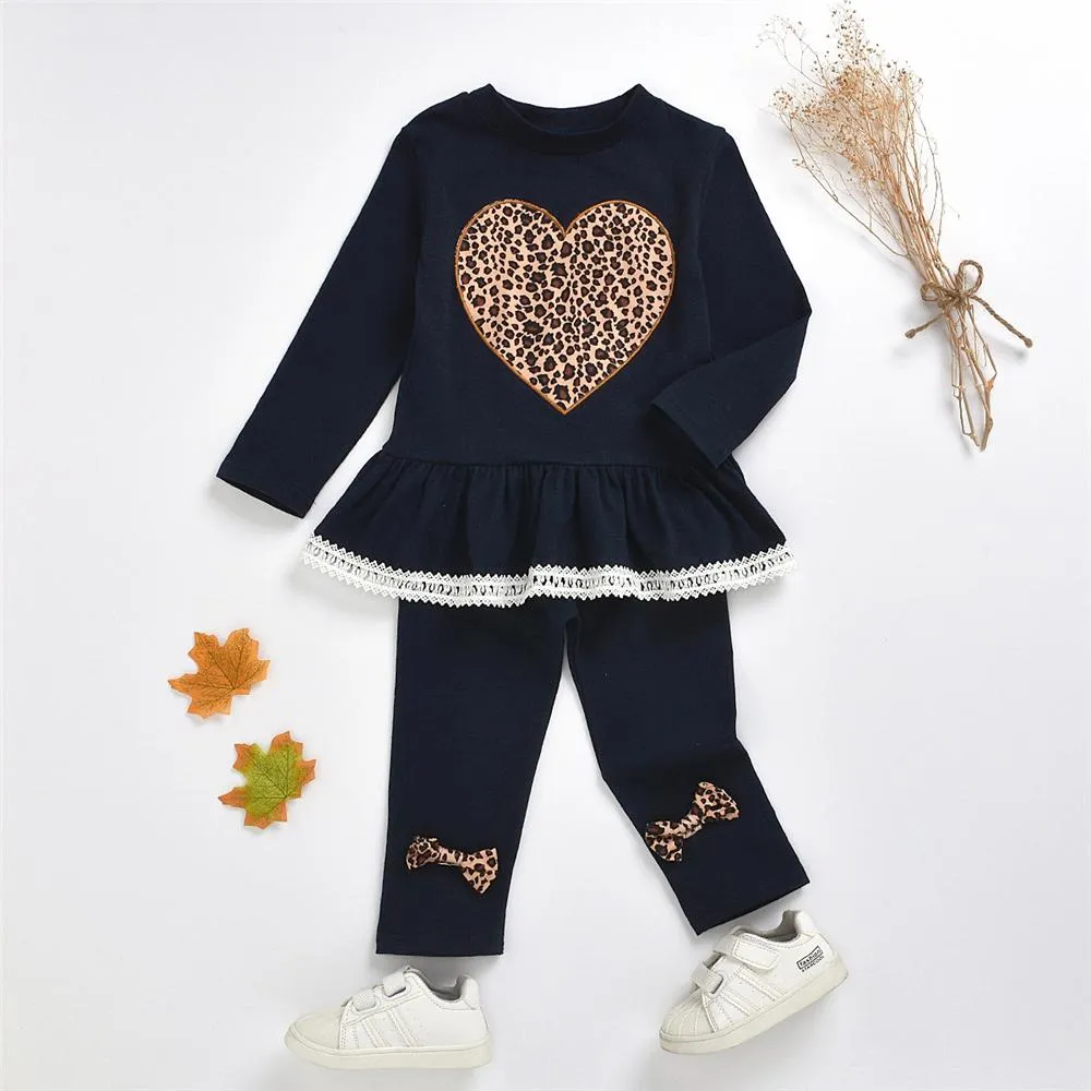 Girls Long Sleeve Heart Leopard Top & Pants Girl Boutique Clothing Wholesale