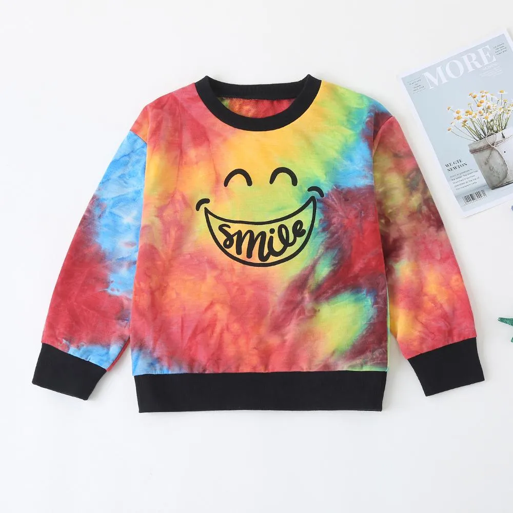 Girls Smile Letter Printed Tie-dye Long Sleeve Top & Pants
