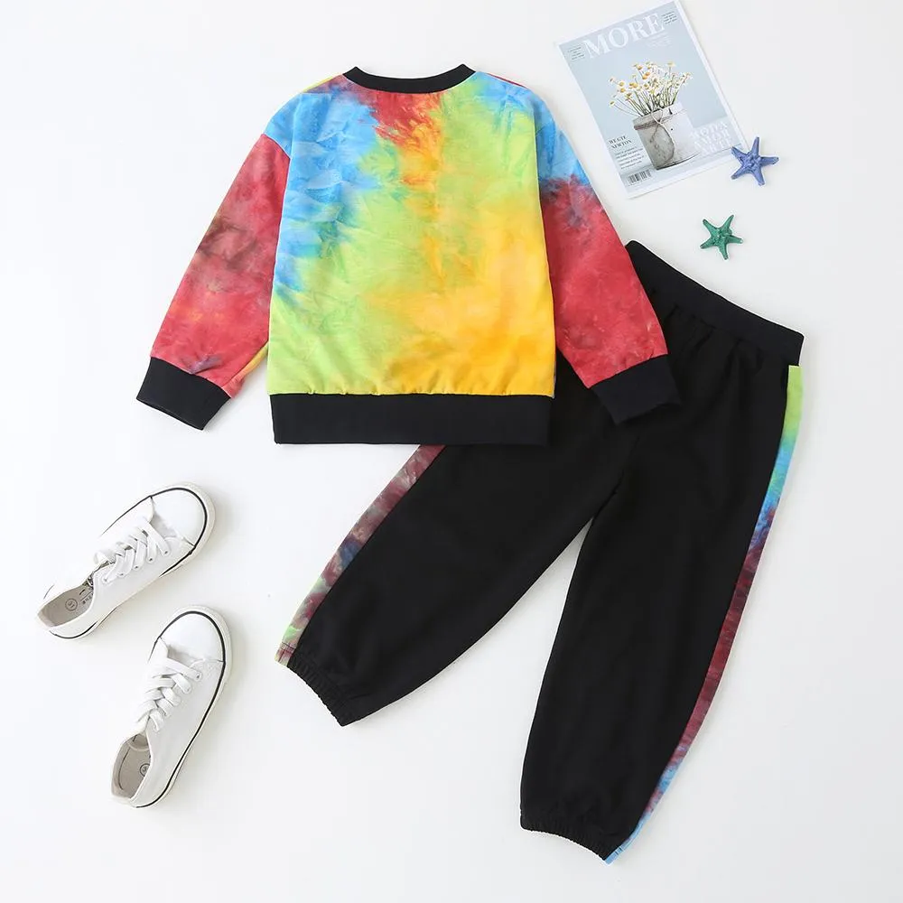 Girls Smile Letter Printed Tie-dye Long Sleeve Top & Pants