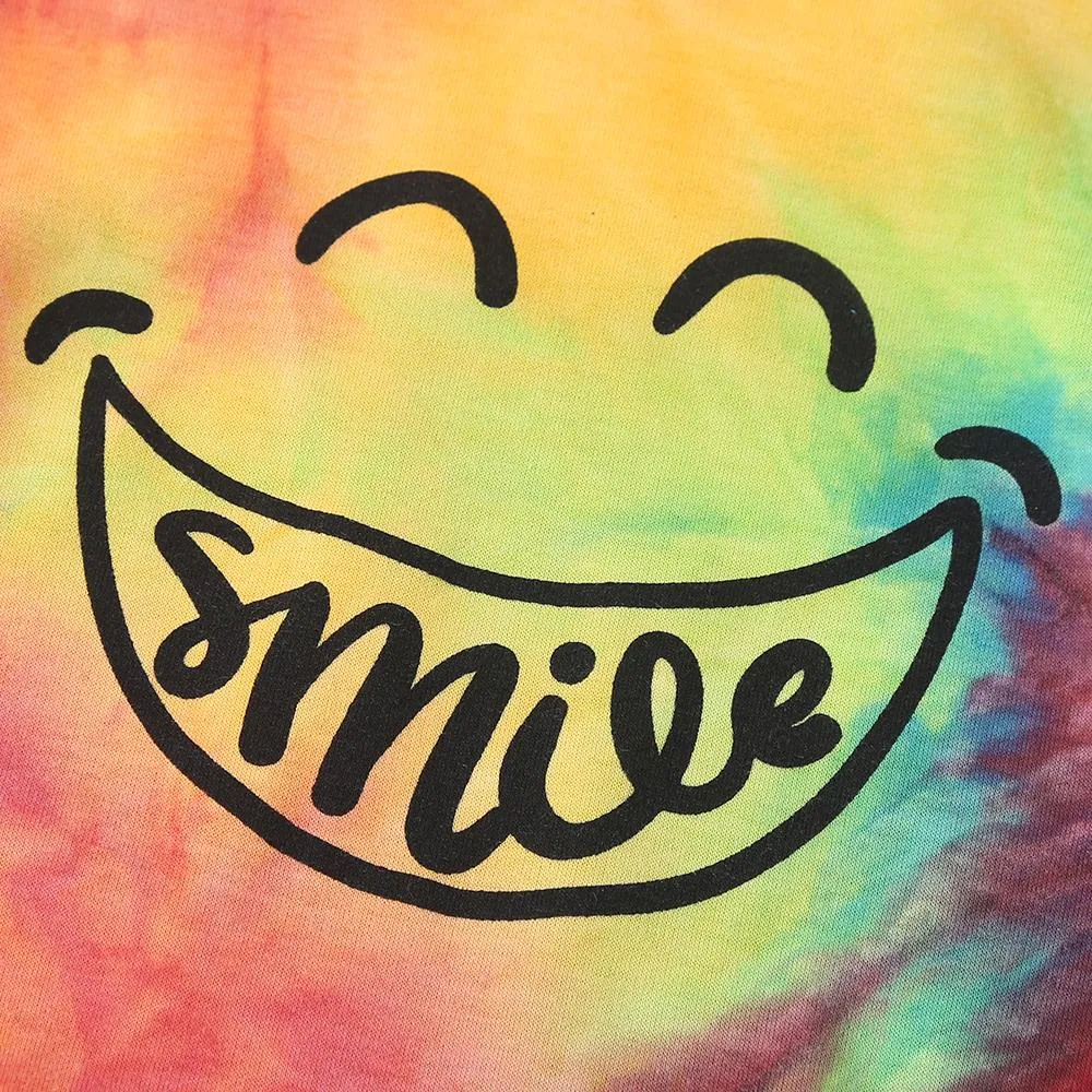 Girls Smile Letter Printed Tie-dye Long Sleeve Top & Pants