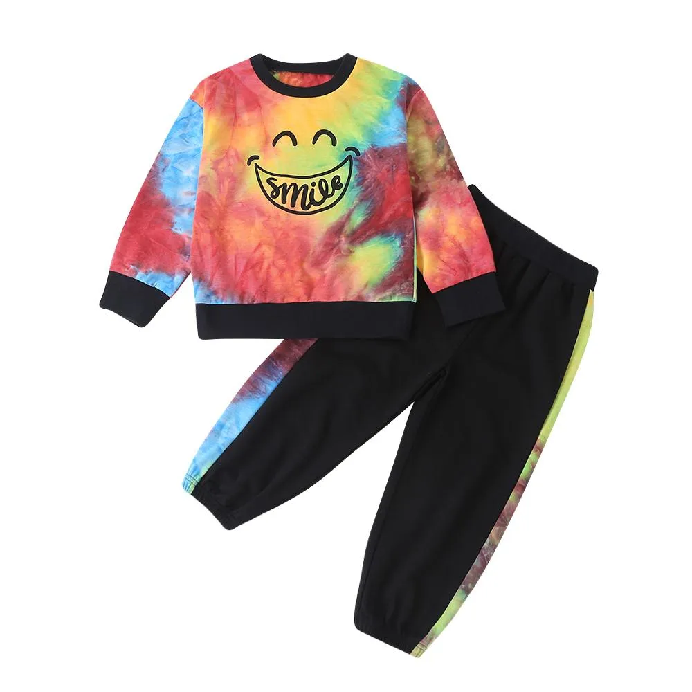 Girls Smile Letter Printed Tie-dye Long Sleeve Top & Pants
