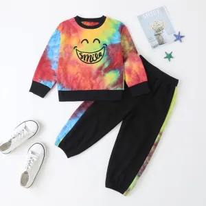 Girls Smile Letter Printed Tie-dye Long Sleeve Top & Pants
