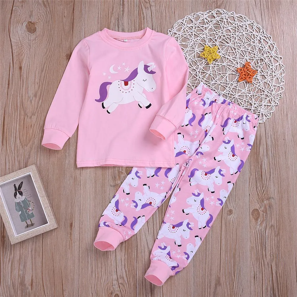 Girls Unicorn Cartoon Printed Top & Pants Wholesale Childrens Clothing
