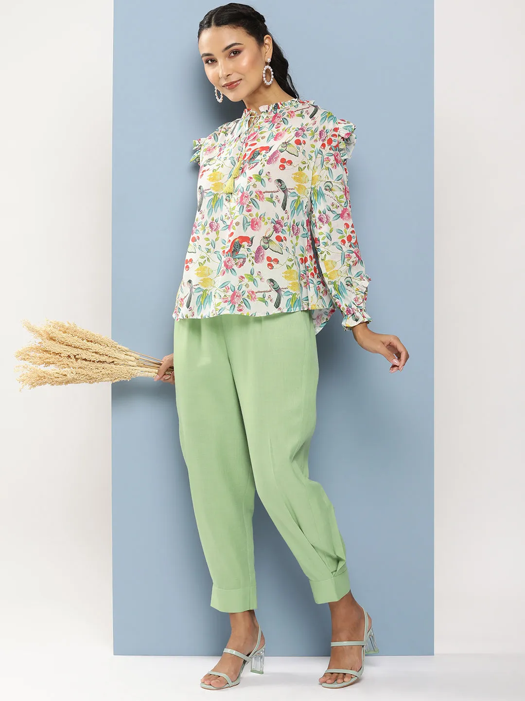 Green Loose Fit Pleated Trousers
