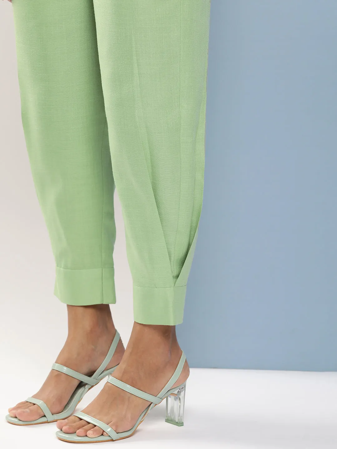 Green Loose Fit Pleated Trousers