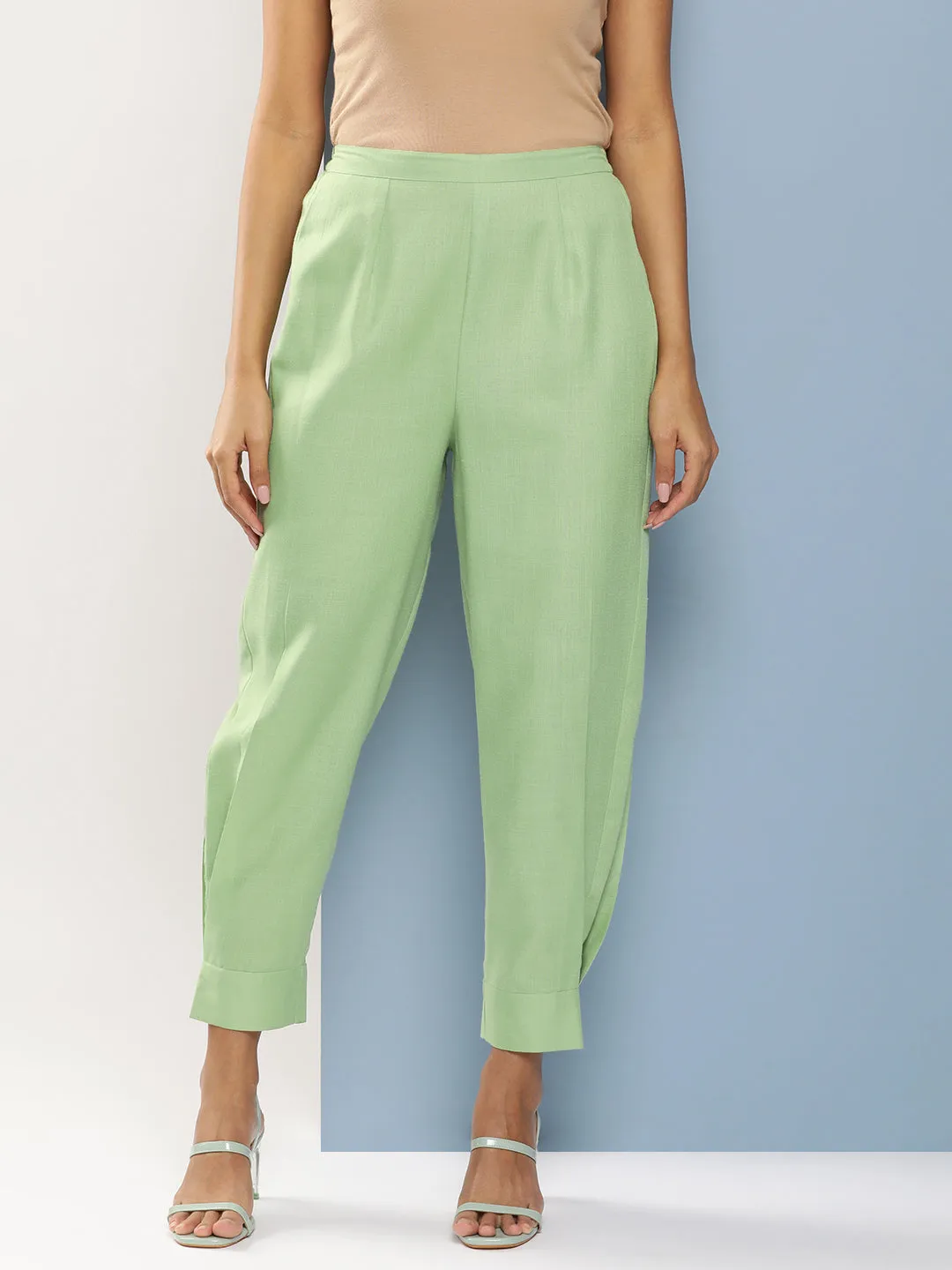 Green Loose Fit Pleated Trousers
