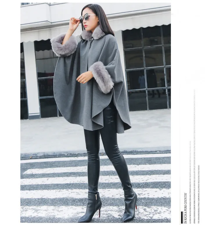 Hooded Faux Fur Collar Warm Women Cloak Cape Winter Coat