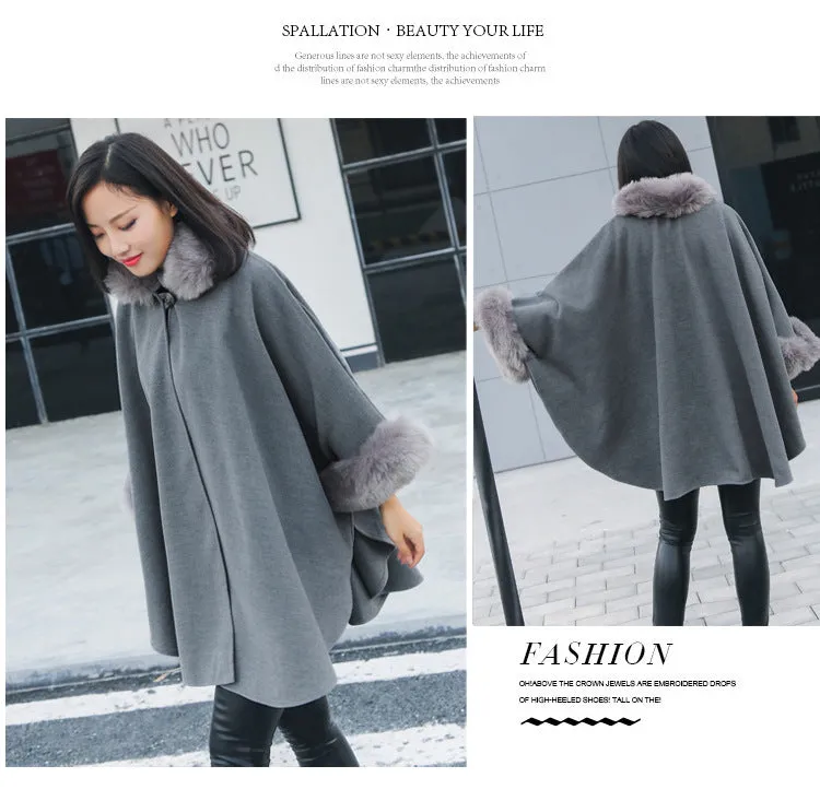 Hooded Faux Fur Collar Warm Women Cloak Cape Winter Coat