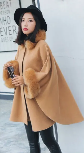 Hooded Faux Fur Collar Warm Women Cloak Cape Winter Coat