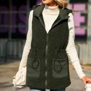 Hooded Sleeveless Zip Mid Length Adjustable Waist Plush Vest Jackets Wholesale Womens Clothing N3823111600040