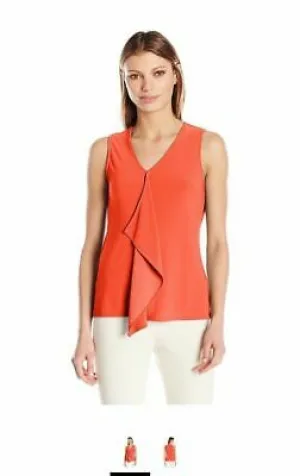 Jones New York Womens Slvlss Ruffle Front Top, Geranium, Large