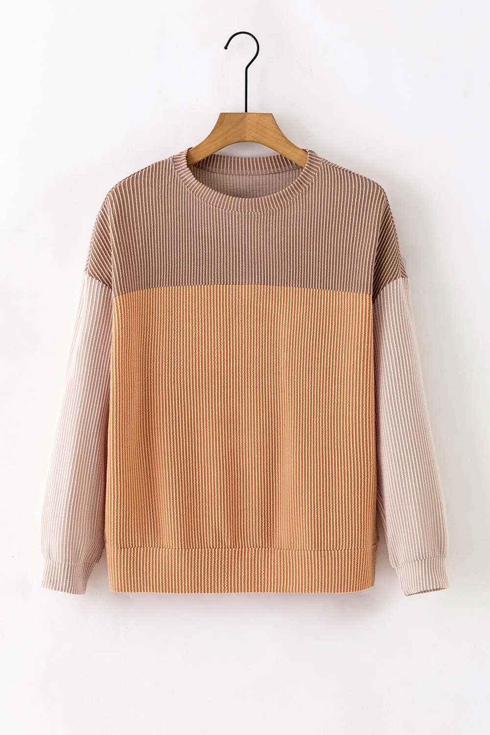 Khaki Color Block Long Sleeve Ribbed Loose Top