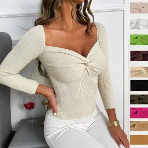 Knitted Slim Cross Low-Cut Long-Sleeved Elegant Simple Sweater Wholesale Women Tops