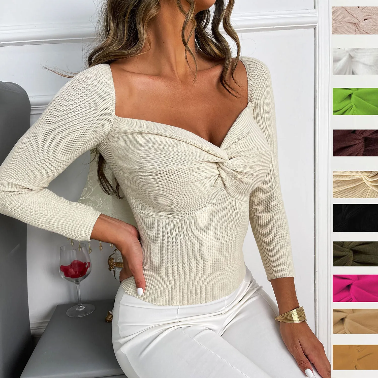 Knitted Slim Cross Low-Cut Long-Sleeved Elegant Simple Sweater Wholesale Women Tops