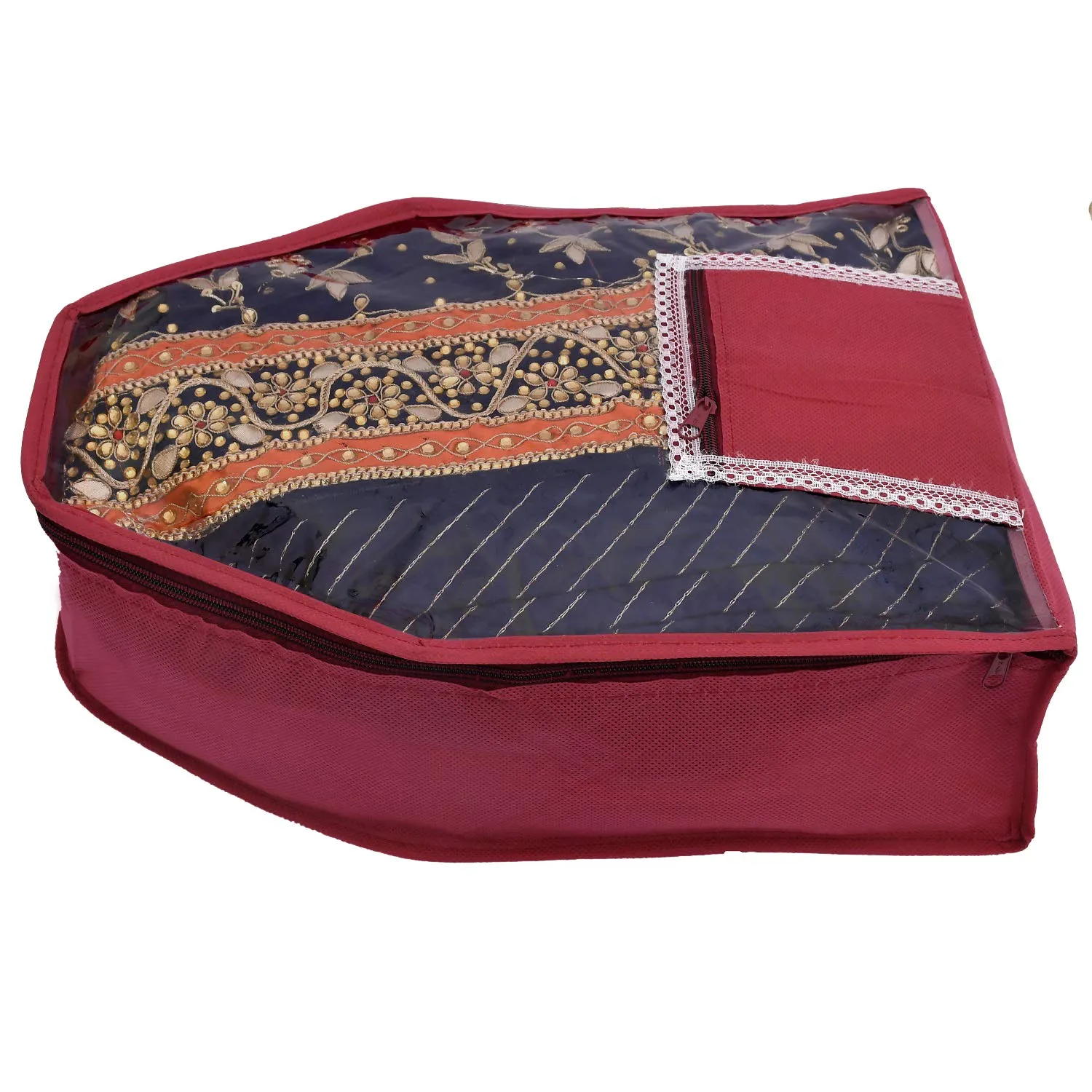 Kuber Industries 12 Piece Non Woven Blouse Cover with Front Transparent Window with Attached Pocket Set (Maroon & Pink)