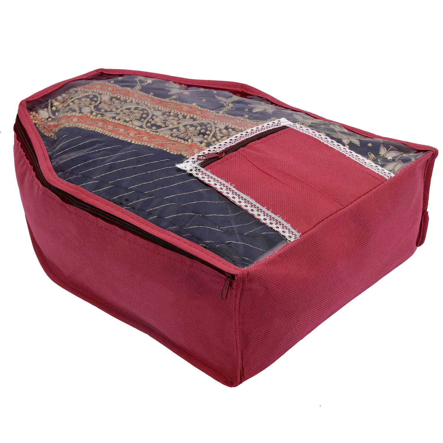 Kuber Industries 12 Piece Non Woven Blouse Cover with Front Transparent Window with Attached Pocket Set (Maroon & Pink)