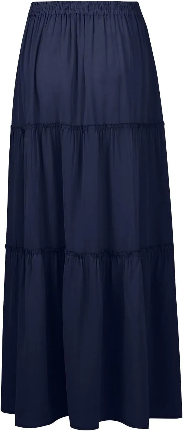 Long Skirts for Women Trendy Womens Boho Maxi Skirt Elastic High Waist Pleated Ruffle Flowy Long Skirts White Skirt S-XL