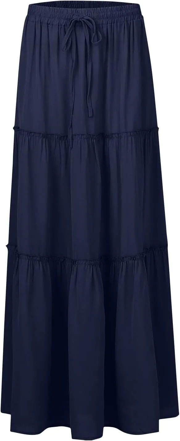 Long Skirts for Women Trendy Womens Boho Maxi Skirt Elastic High Waist Pleated Ruffle Flowy Long Skirts White Skirt S-XL