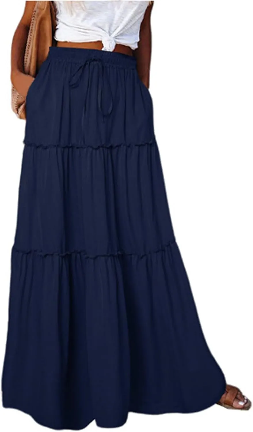 Long Skirts for Women Trendy Womens Boho Maxi Skirt Elastic High Waist Pleated Ruffle Flowy Long Skirts White Skirt S-XL