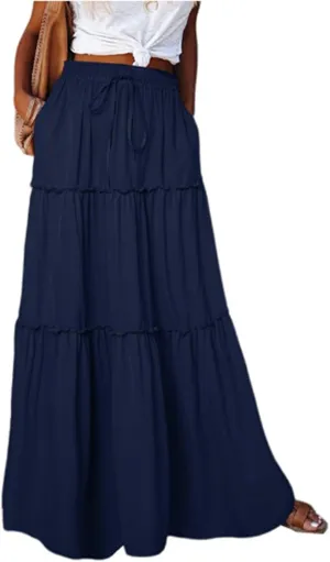 Long Skirts for Women Trendy Womens Boho Maxi Skirt Elastic High Waist Pleated Ruffle Flowy Long Skirts White Skirt S-XL