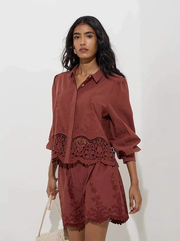 LOV Dark Brown Floral Lace Detailed Cotton Shirt
