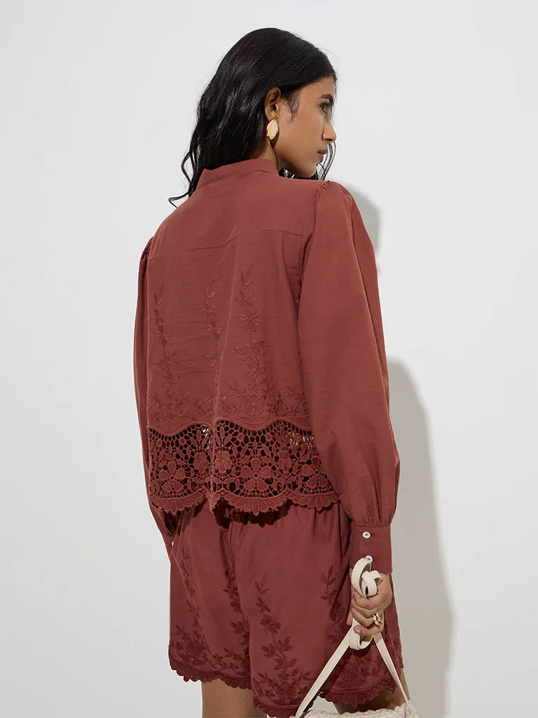 LOV Dark Brown Floral Lace Detailed Cotton Shirt