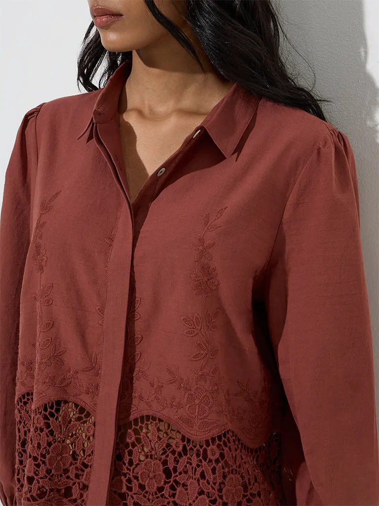 LOV Dark Brown Floral Lace Detailed Cotton Shirt