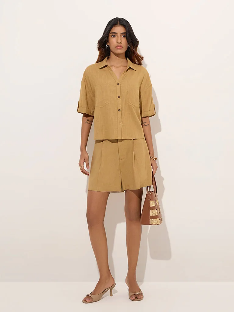 LOV Mustard Solid Linen-Blend Shirt