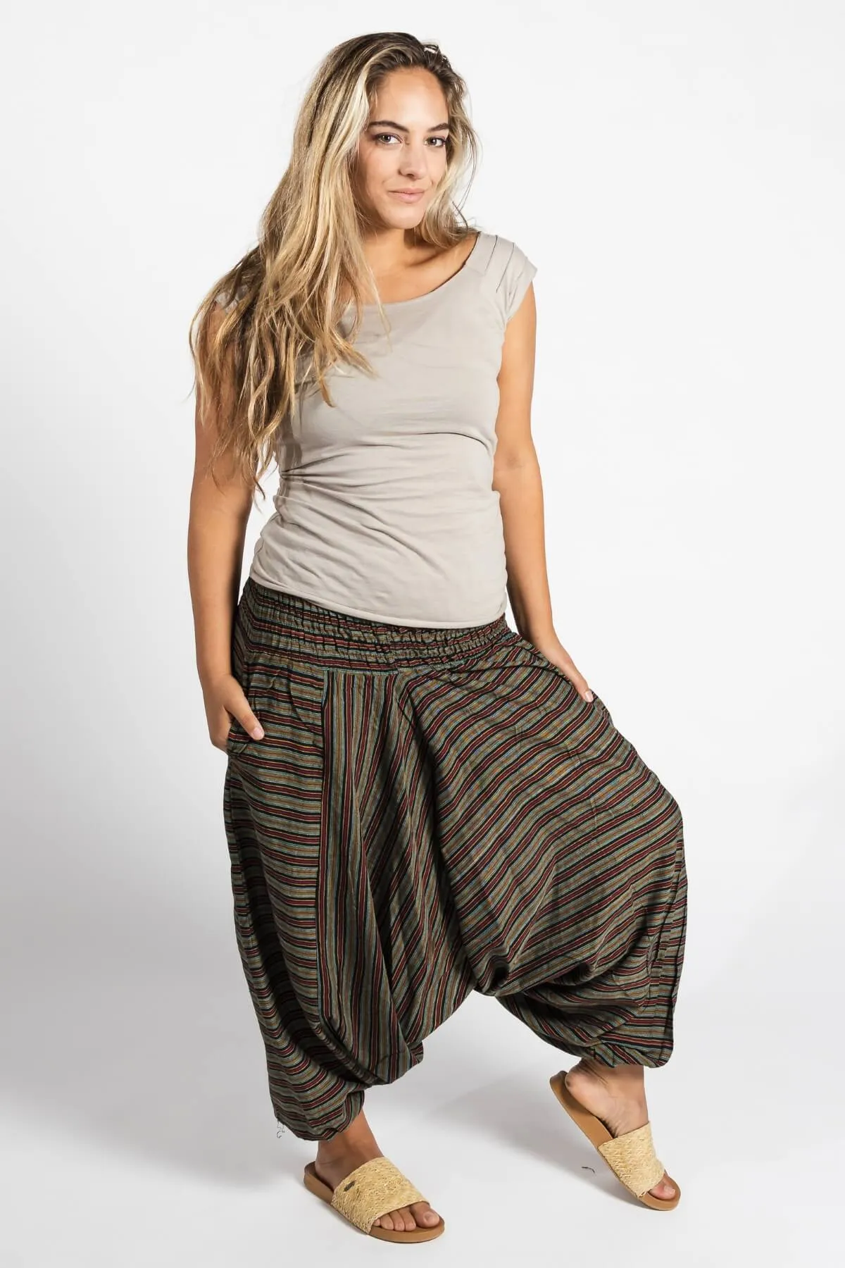 Low Crotch Pants - Striped Green