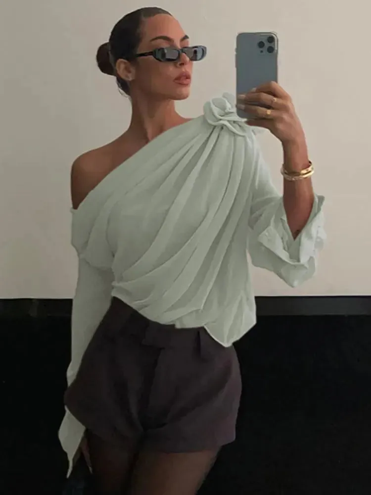 LVSANW GACVGA Skew Collar Floral Mesh Chiffon Blouses Tops Tshirt Elegant T Shirt Fashion Crop Top See Through Women's Blouses & Shirts