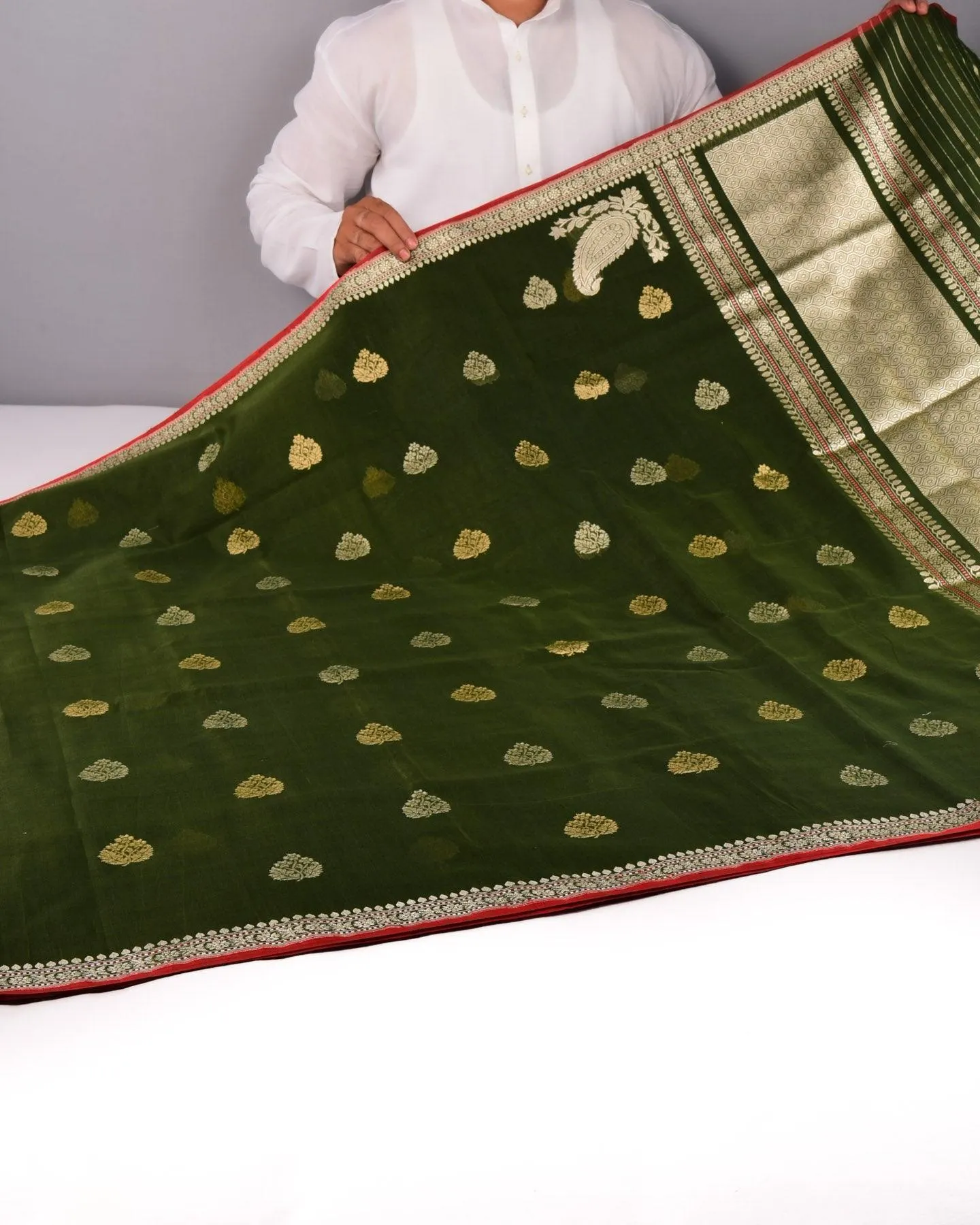 Mehndi Green Banarasi Handwoven Ektara Buti Kadhuan Brocade Handloom Cotton Saree
