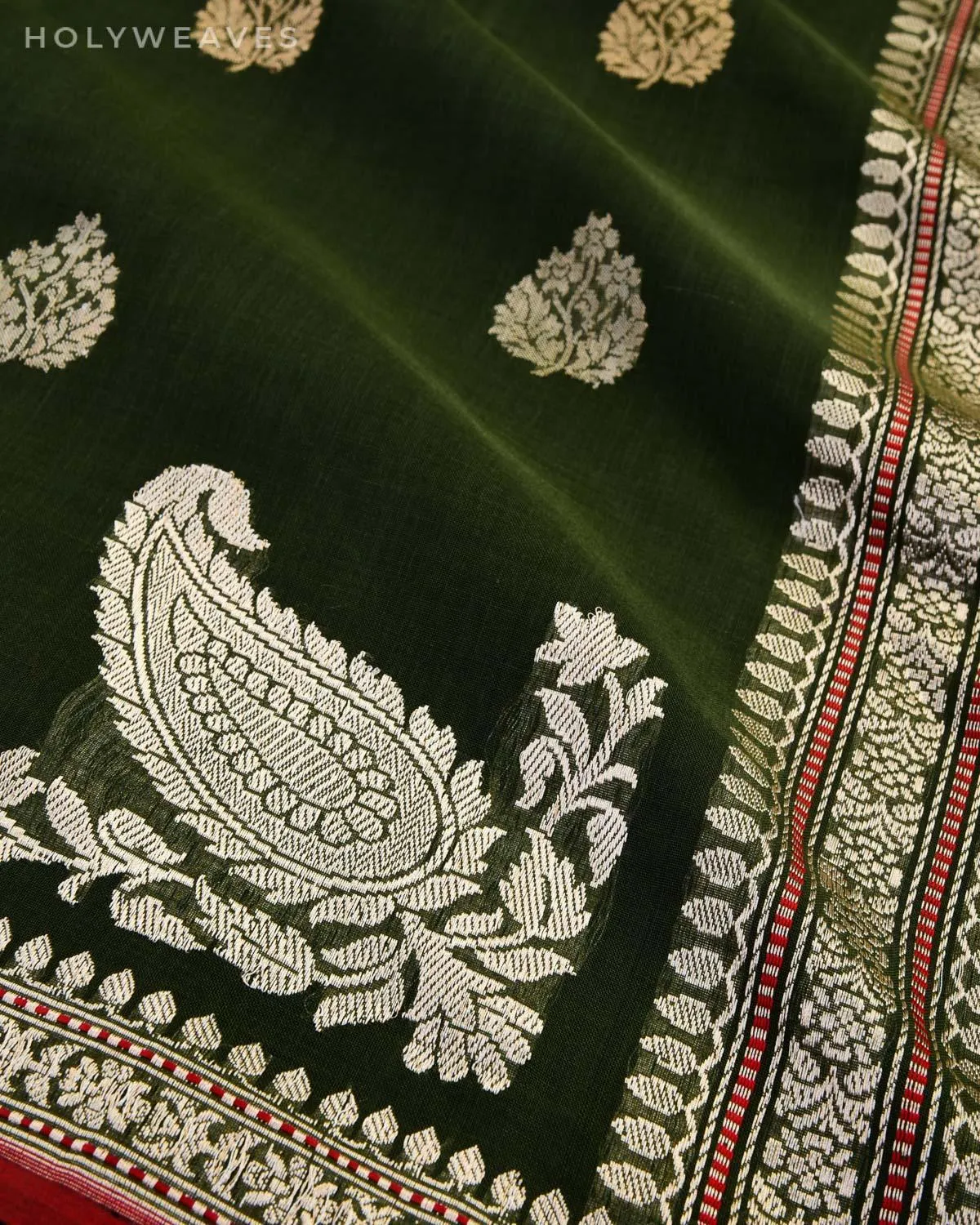 Mehndi Green Banarasi Handwoven Ektara Buti Kadhuan Brocade Handloom Cotton Saree