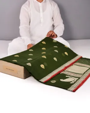 Mehndi Green Banarasi Handwoven Ektara Buti Kadhuan Brocade Handloom Cotton Saree