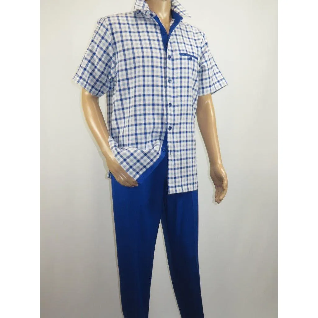 Men 2pc Walking Leisure Suit Short Sleeves By DREAMS Fancy 283-11 Royal Blue