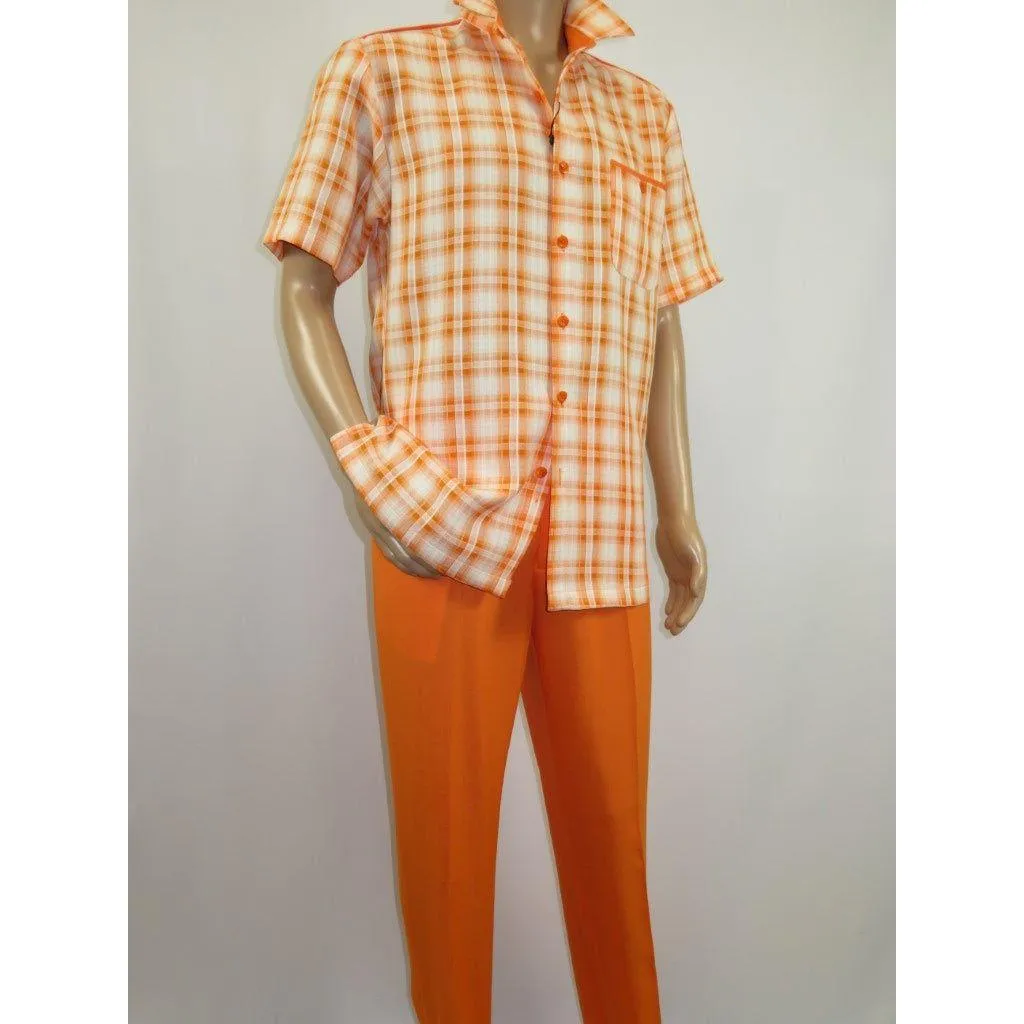 Men 2pc Walking Leisure Suit Short Sleeves DREAMS Checker 282-18 Orange
