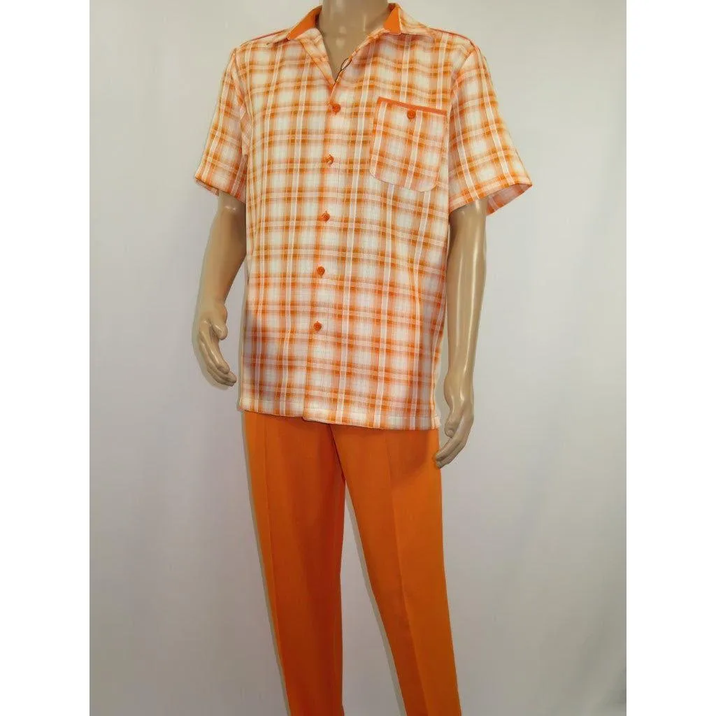 Men 2pc Walking Leisure Suit Short Sleeves DREAMS Checker 282-18 Orange