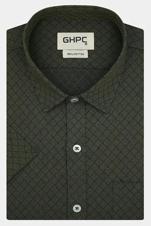 Men's 100% Cotton Chevron Half Sleeves Shirt (Olive Green)