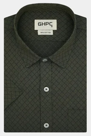 Men's 100% Cotton Chevron Half Sleeves Shirt (Olive Green)