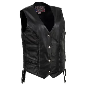MLVSL5001 Women's Black 'Vivacious' Braided Motorcycle Leather Vest